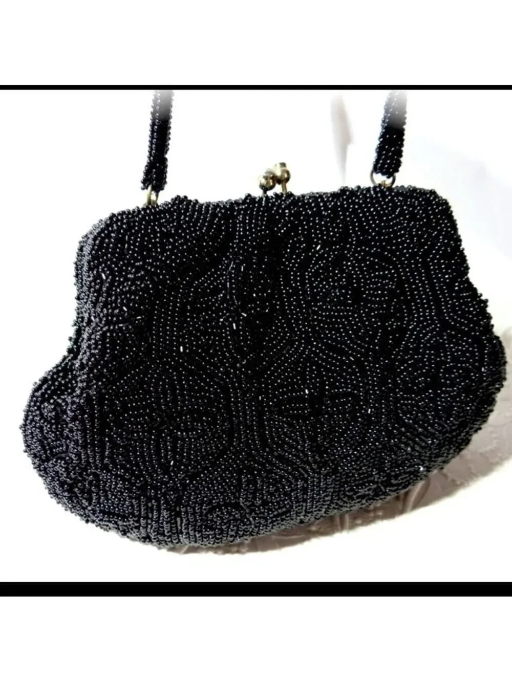 VINTAGE RICHERE BAG by WALBORG stunning black glass hand beaded evening clutch